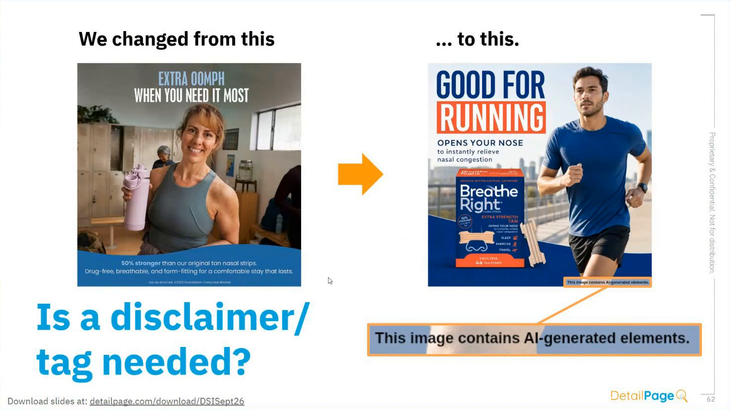 Screenshot from DetailPage and Salsify’s webinar on the AI path to purchase whether or not a disclaimer tag is needed, as in some states it is, like New York, illustrating rules for AEO for ecommerce, GEO, generative engine optimization, AI search, ecommerce AI
