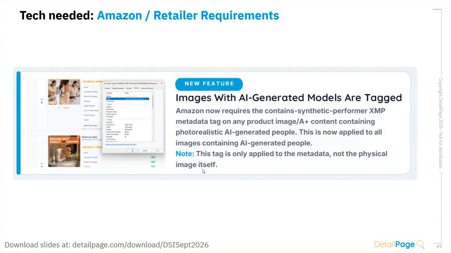Screenshot from DetailPage and Salsify’s webinar on the AI path to purchase that mentions images with AI-generated models are tagged, which is an Amazon requirement, illustrating AEO for ecommerce, GEO, generative engine optimization, AI search, ecommerce AI