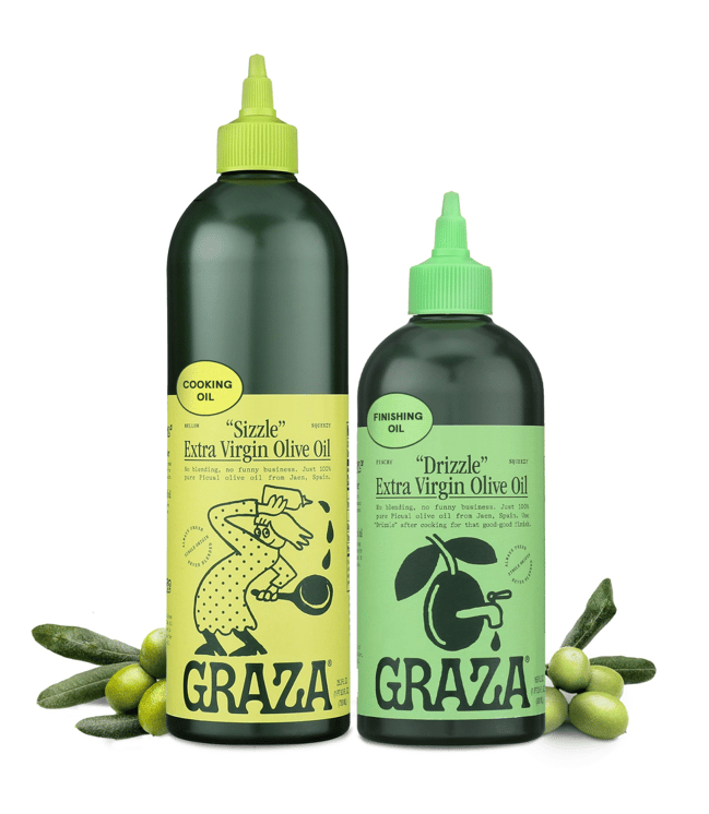 Bottles of Graza brand “Sizzle” (left) and “Drizzle” (right) oil to illustrate CPG brands, digital shelf optimization, and product experience management