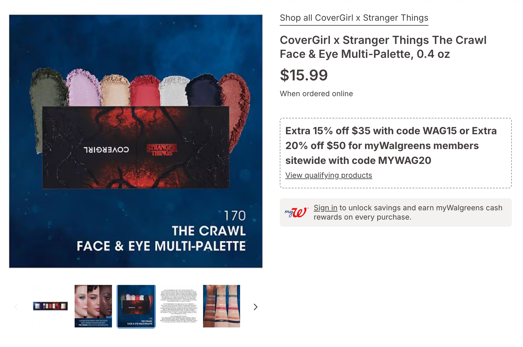 Walgreens promotes the CoverGirl x Stranger Things Halloween makeup collab, depicting Halloween makeup looks
