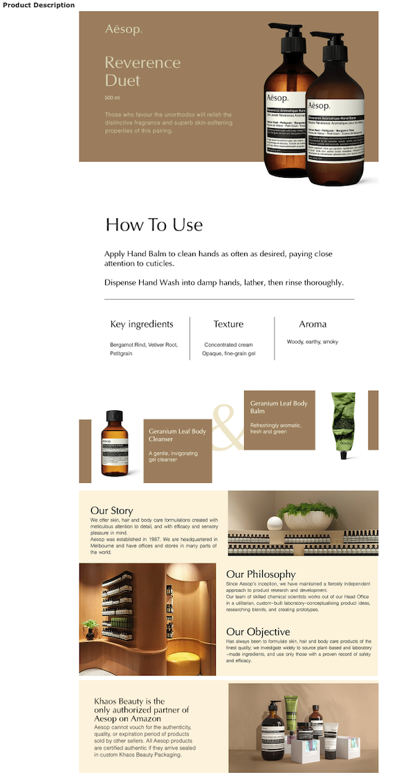 Aesop Amazon product description infographic